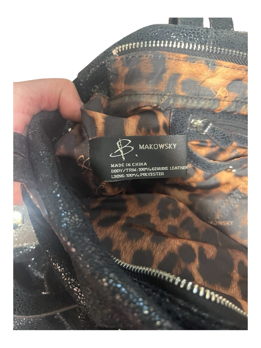 B. Makowsky Black Crackle Shimmer Genuine Leather Hobo Shoulder Bag | Y2K - Picture 7 of 8